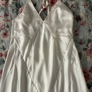 White Satin V-Neck Midi Dress